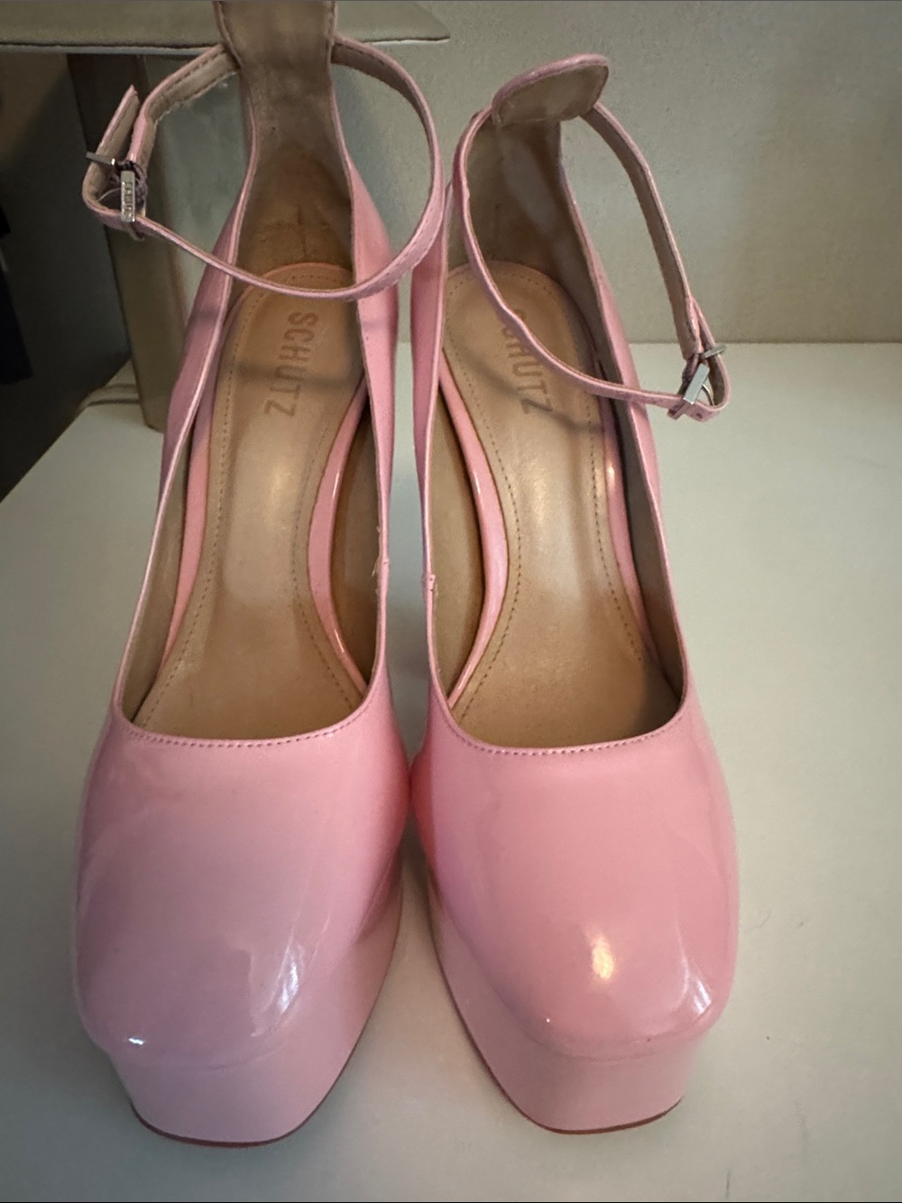 SCHUTZ Pink Patent Platform Ankle-Strap Pumps